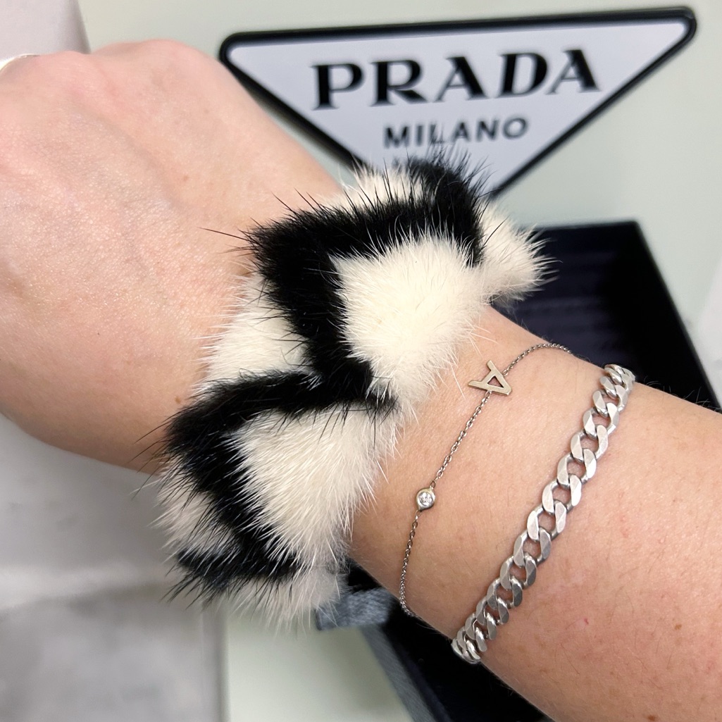 Authentic Prada Rare Runway Mink Cream Black Fur Leather Bracelet 375$